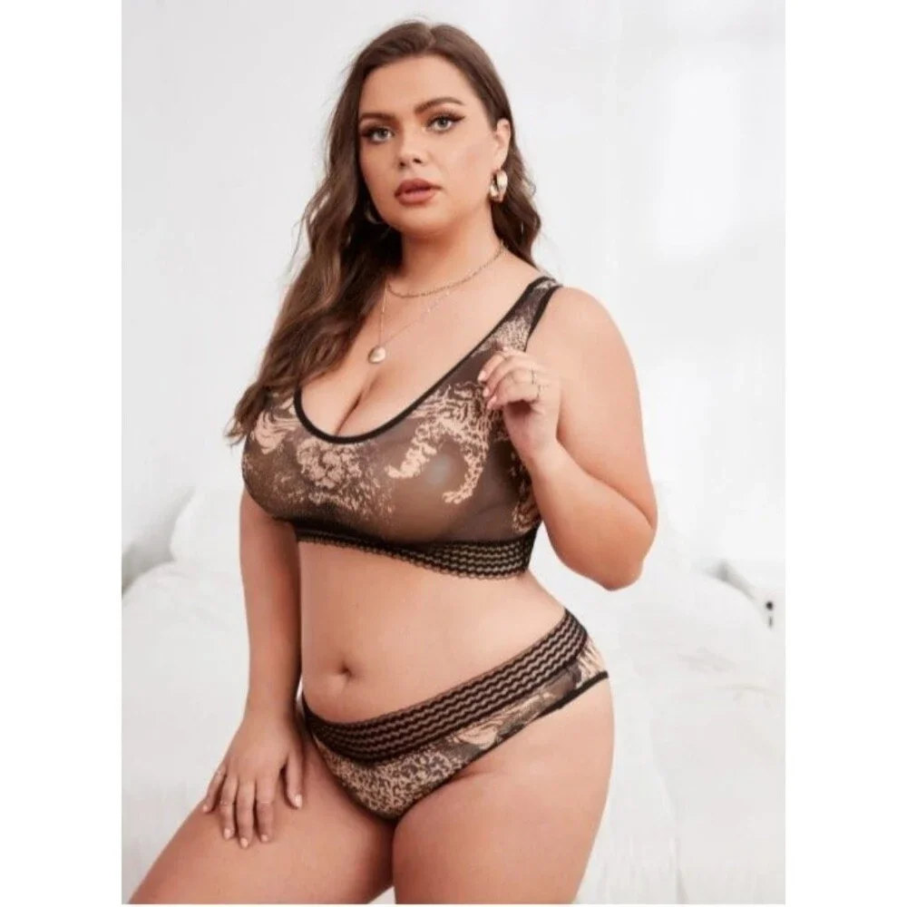 3X Plus Size Leopard Print Sheer Mesh Lingerie Set Multicolor